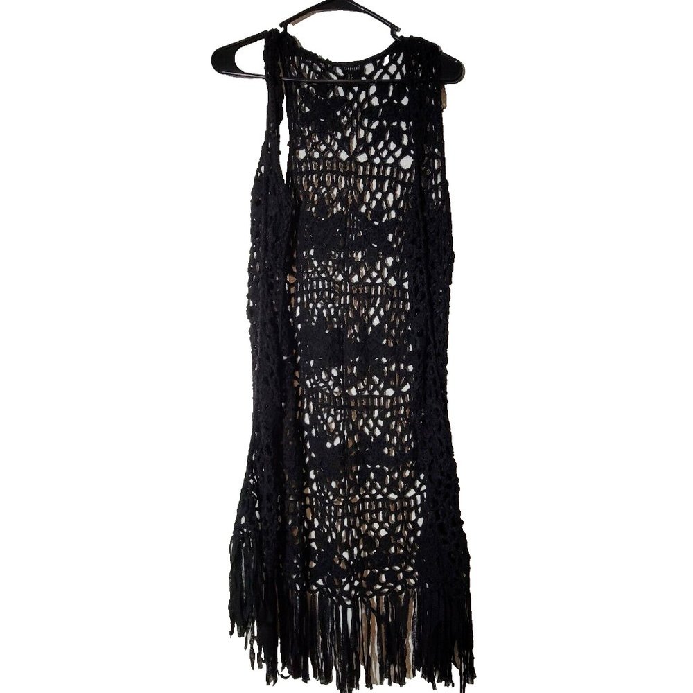 Forever 21 Vest Crochet Small Black Fringed Open Weave Boho Peasant
